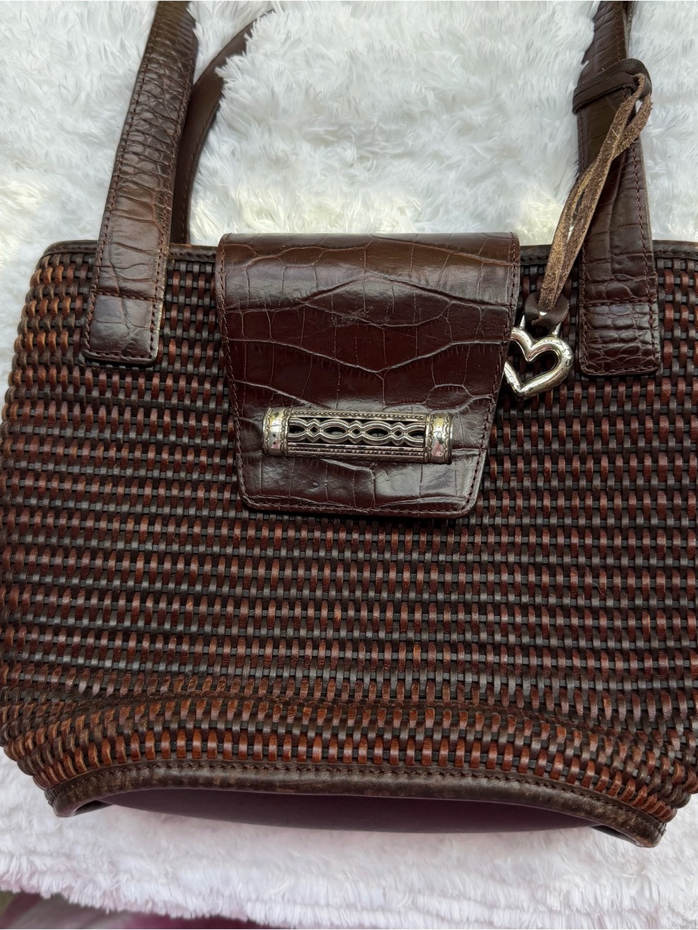 Brighton Brown Woven Shoulder Bag with Croc-Texture Flap